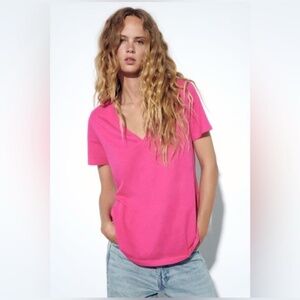 Zara Pink Basic Lightweight V-neck Fitted Short Sleeve T-Shirt Size L NEW